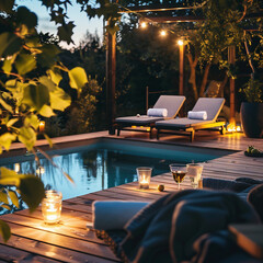 Luxury swimming pool in the garden at night. Luxury resort