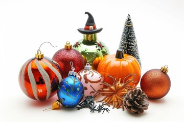 Seasonal items like Christmas ornaments, Easter eggs, or Halloween decorations . photo on white...