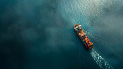 Aerial panorama of a cargo ship carrying container for import and export business logistic and transportation in open sea with copy space : Generative AI - obrazy, fototapety, plakaty