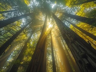 Sunlight filtering through the canopy of a giant redwood forest, mosscovered trunks, sense of timeless grandeur , ultra HD - obrazy, fototapety, plakaty