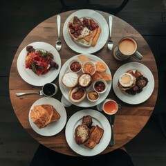 Fototapeta na wymiar Morning Breakfast. Plates with food. Coffee cups. 