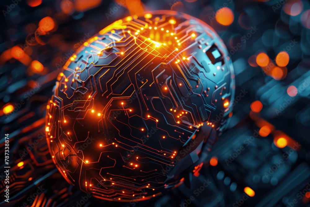 Poster a glowing brain with a lot of circuitry on it. the brain is surrounded by a black background