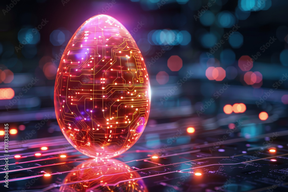 Poster a glowing egg with a circuit board on top of it. the egg is surrounded by a dark background with bri