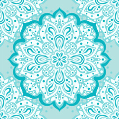 Turquoise and white vector mandala seamless pattern. Ornament, Traditional, Ethnic, Arabic, Turkish, Indian motifs. Great for fabric and textile, wallpaper, packaging design or any desired idea. 