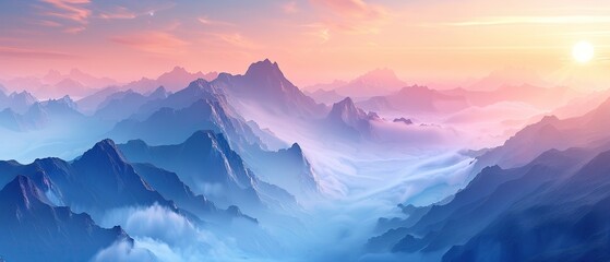 Sunrise over a misty mountain range, layers of peaks bathed in soft, warm light , high-resolution - obrazy, fototapety, plakaty