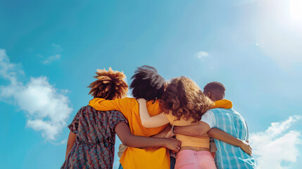 Vertical photo Rear view of young group of happy multiracial friends hugging each other standing in a row looking blue sky : Generative AI - Powered by Adobe