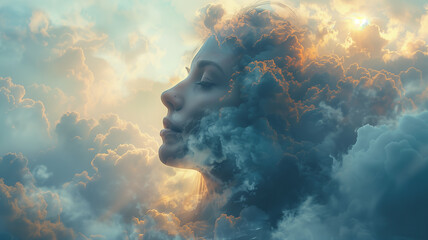 Girl's profile amidst abstract clouds, symbolizing the enchanting allure of dreamscapes.