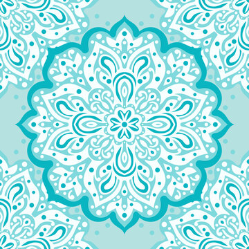 Turquoise and white vector mandala seamless pattern. Ornament, Traditional, Ethnic, Arabic, Turkish, Indian motifs. Great for fabric and textile, wallpaper, packaging design or any desired idea. 