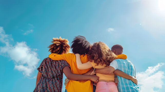 Vertical photo Rear view of young group of happy multiracial friends hugging each other standing in a row looking blue sky : Generative AI