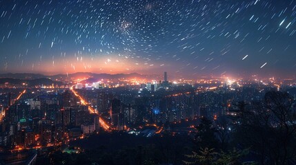 Timelapse of the night sky over a bustling city, star trails contrasting with urban lights , 3D style