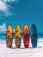 Surfboards on sandy beach. Surfboards and ocean, summer vacation or holiday theme. High quality AI generated image