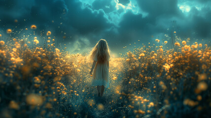 Girl strolls through vibrant flower field, lost in dreamy reverie amidst nature's beauty.