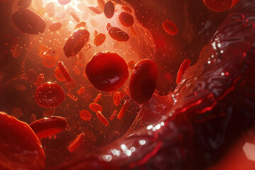 High-resolution close-up of red blood cells in an artery, detailed texture showcasing the flow of life, with a backlight effect to accentuate the cells translucency