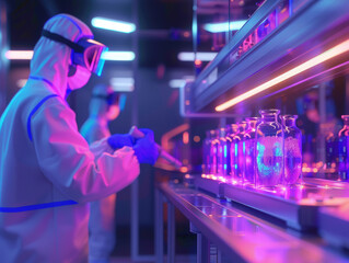 Engineers testing the flame retardancy of nanocomposites in a stateoftheart facility, surrounded by digital gauges and futuristic tools - obrazy, fototapety, plakaty