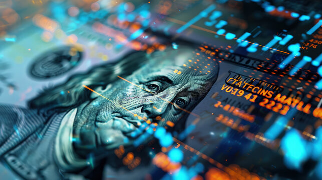 Macro shot of a complex currency notes texture, highlighting intricate security features, set against a backdrop of financial analytics screens