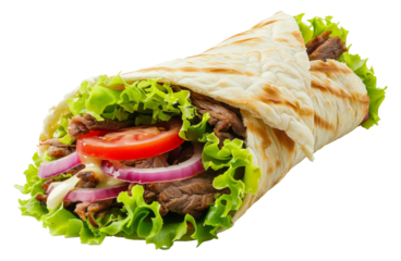 Grilled meat gyro sandwich isolated on transparent background