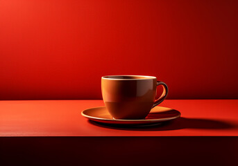 Minimalist image of red table with a cup of coffee on dark red background