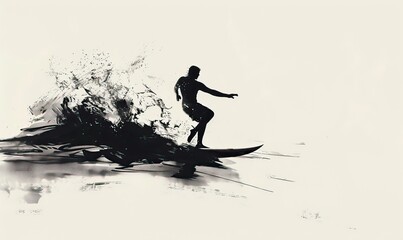 Fototapeta premium Silhouette of a surfer standing on a rocky shore. Black white surfing summer theme. Holiday and vacation. High quality AI generated image