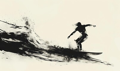 Silhouette of a surfer standing on a rocky shore. Black white surfing summer theme. Holiday and vacation. High quality AI generated image