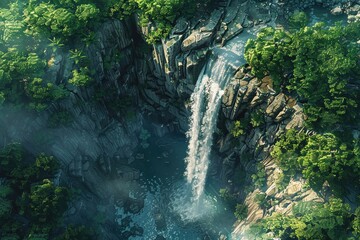 Topdown view of a waterfall disappearing into a deep, lush gorge , 3D style