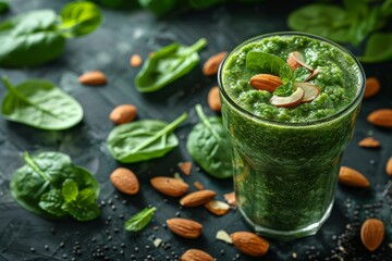 Almonds topping a healthy green spinach smoothie, surrounded by fresh greens on a textured dark surface