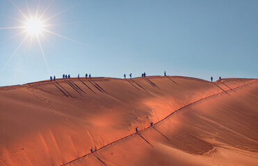 People walking on orange sand dune - Dead trees in Dead Vlei - Sossusvlei, Namib desert, Namibia 
