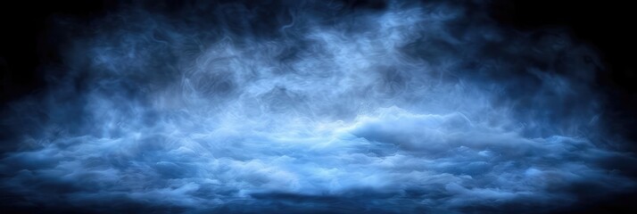 Wispy blue smoke or steam rising from dry ice on a black background - obrazy, fototapety, plakaty