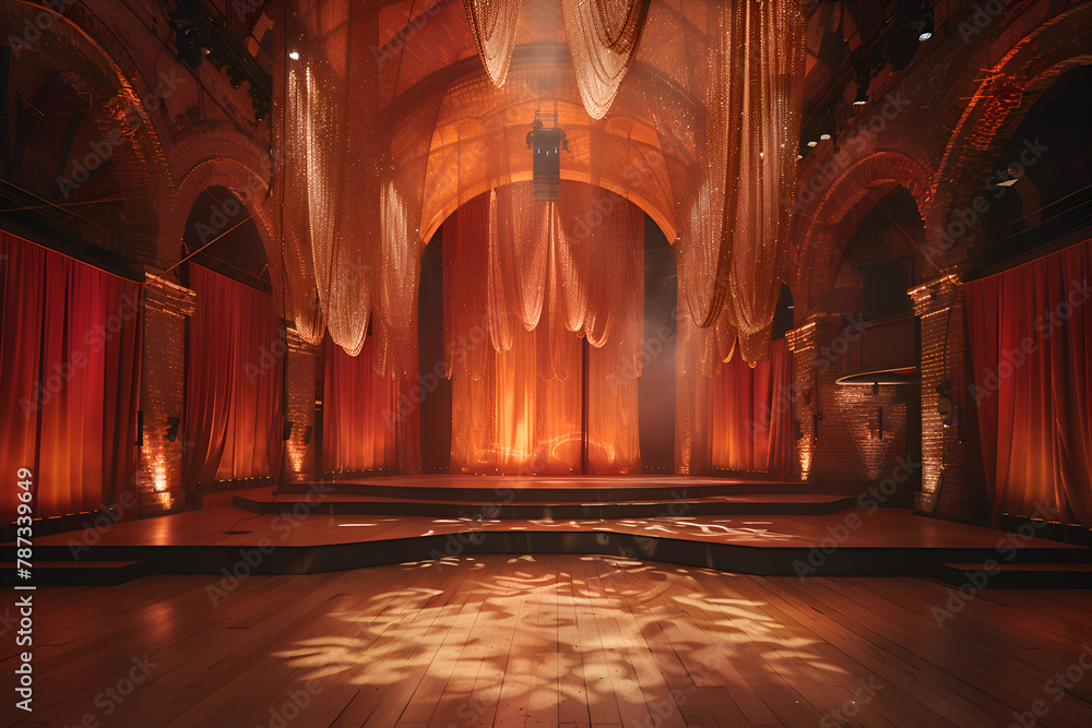 Poster a stage with a large curtain and a spotlight on it. the stage is empty and the curtains are drawn. g