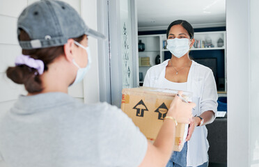 Delivery, women and home with boxes, mask and courier with safety regulations and doorway. People,...