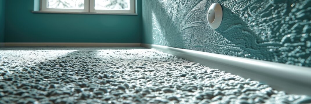 Pebble texture floor covering with aqua blue wall and baseboard molding