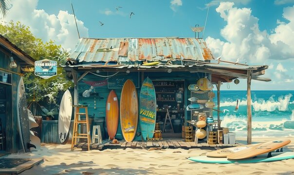 Counter of sunny surf hire shop on the beach. Local business, leisure, hobbies, sport, surfing, summer and vacations or holidays. Surfboard shop. High quality AI generated image