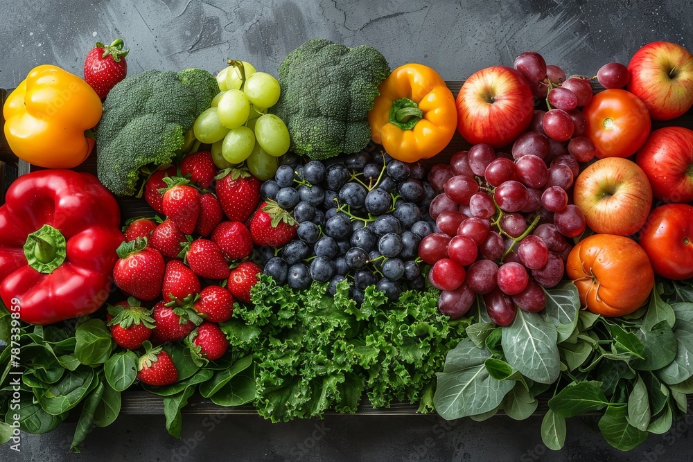 Poster Vibrant array of fresh fruits and vegetables neatly arranged in a rainbow on a dark surface, highlighting healthy choices