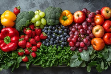 Vibrant array of fresh fruits and vegetables neatly arranged in a rainbow on a dark surface, highlighting healthy choices