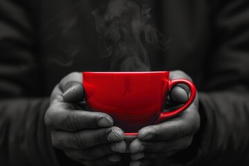 Hands cradling a red coffee cup, with steam rising, against a monochrome background, evoking a feeling of warmth and comfort. - obrazy, fototapety, plakaty