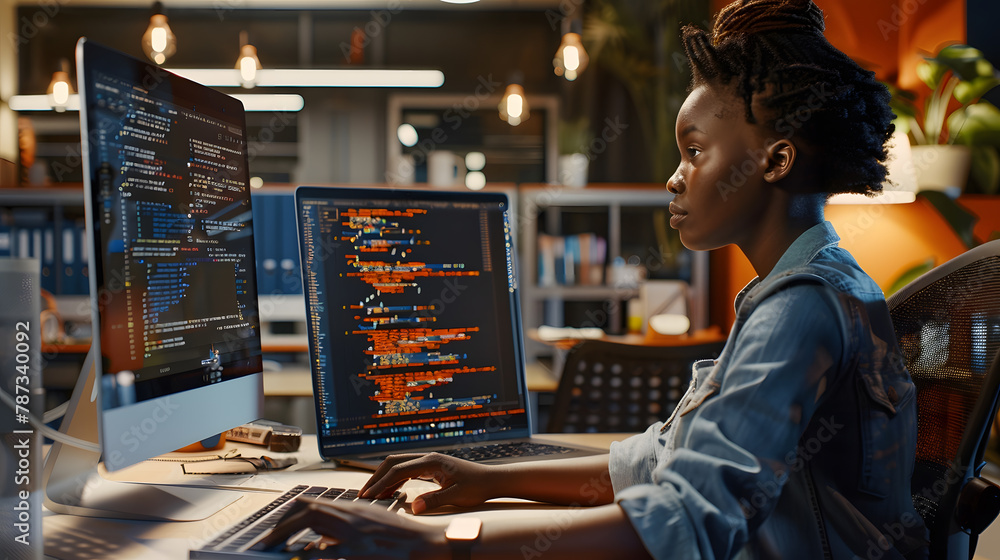 Poster Side view portrait of female IT developer typing on keyboard with black and orange programming code on computer screen and laptop in contemporary office interior copy space : Generative AI