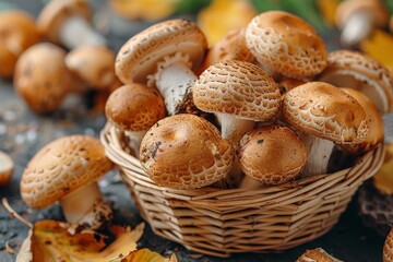 The image displays a basket full of freshly foraged mushrooms amidst a backdrop of blurred autumnal hues