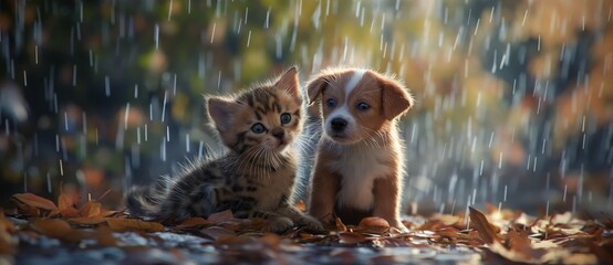 Two adorable kittens finding shelter under a brown card during a gentle rain shower in a fall setting