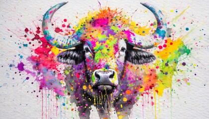 Modern colorful watercolor painting of a buffalo, textured white paper background, vibrant paint splashes.  - obrazy, fototapety, plakaty