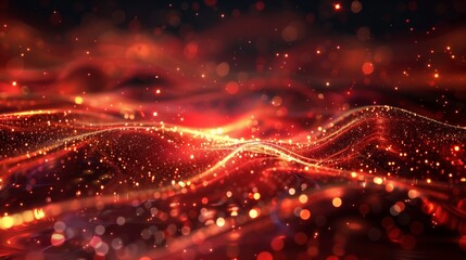 Red glowing particles wave on dark background. Abstract red waves and swirls with bokeh lights. Flowing ribbons of light. Glowing lines in motion. Generated by artificial intelligence.