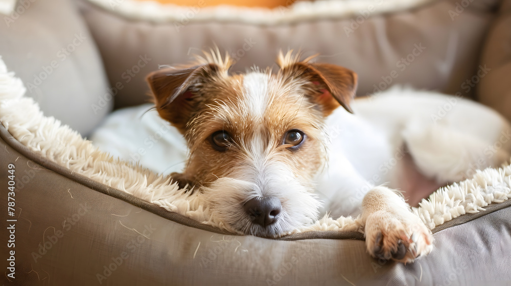 Poster wire haired jack russell terrier puppy in the dog bed looking at the camera small rough coated doggy