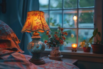 A warm and inviting room scene featuring a vintage lamp with patterned shade casting a soft glow by the window at dusk