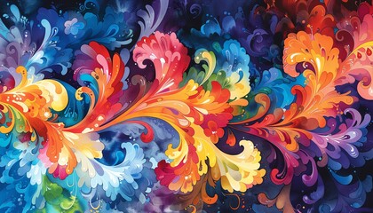 Capture an intricate, vibrant garden of abstract blooms in a unique Worms-eye view perspective, using watercolor to blend whimsical colors and shapes seamlessly