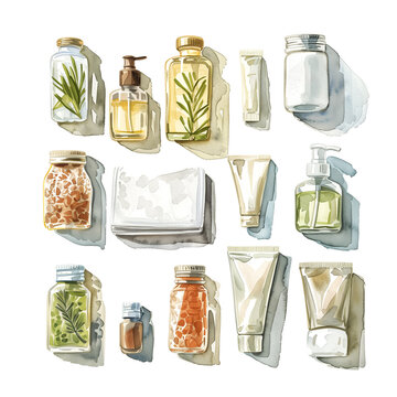 Watercolor illustration of hotel's various types of amenity sets