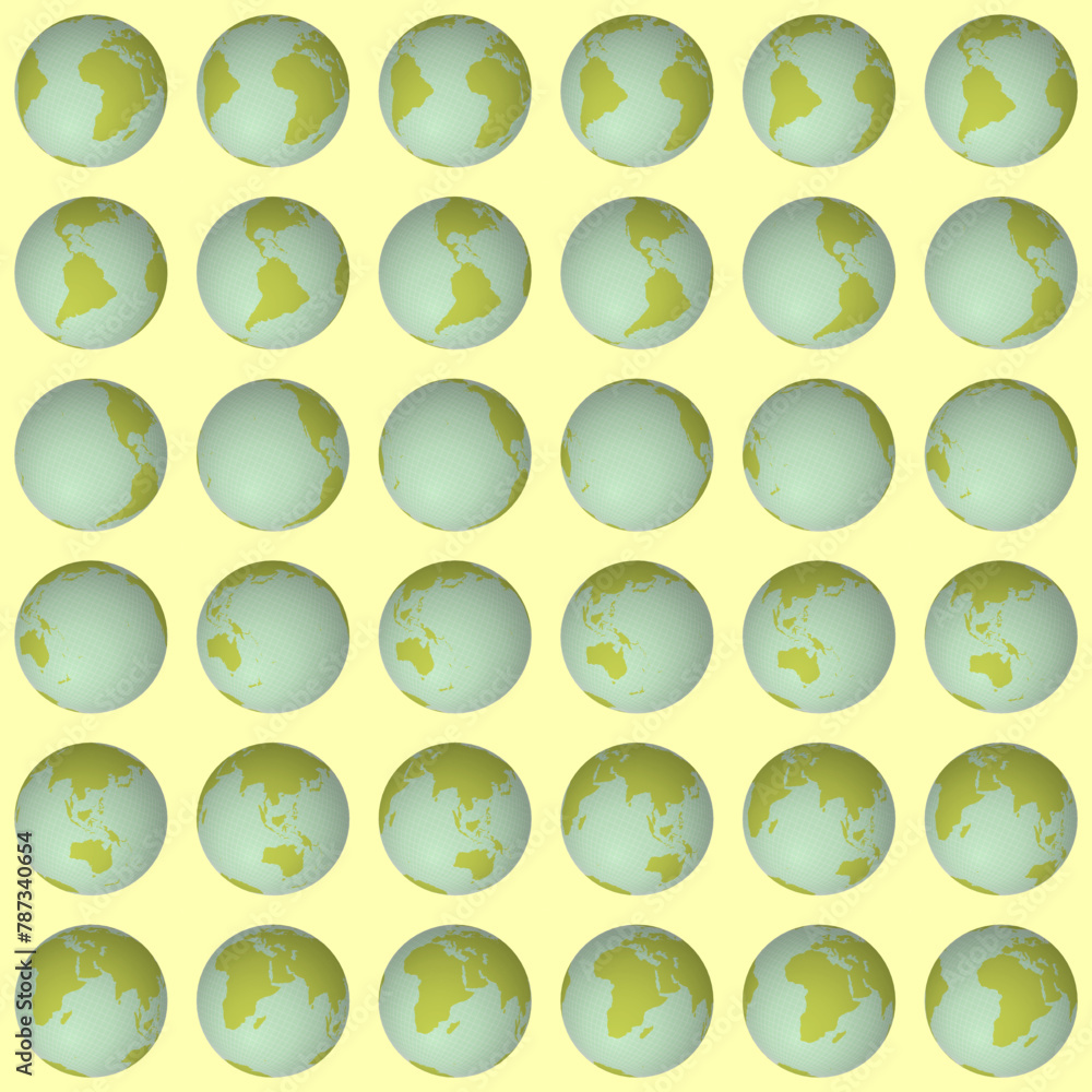 Poster collection of earth globes. tilted sphere view. rotation step 10 degrees. solid color style. world m
