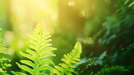 closeup of a beautiful fern in sunny backlight on blurred green abstract background beauty in nature concept banner with copy space : Generative AI