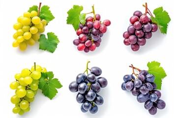 Set of grapes of different varieties and colors, isolated on a white background. . photo on white...