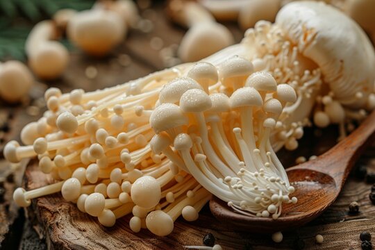 A close-up shot of fresh enoki mushrooms on a rustic wooden board, highlighting the delicate stems and caps