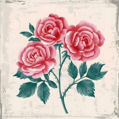 A charming vintage botanical illustration of a rose flower, rendered in the style of folk art. The rose is intricately detailed, with watercolor shades of pink and red, exuding a sense of nostalgia.