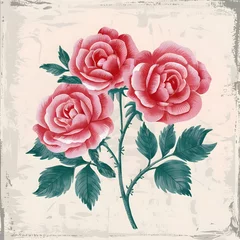 Meubelstickers A charming vintage botanical illustration of a rose flower, rendered in the style of folk art. The rose is intricately detailed, with watercolor shades of pink and red, exuding a sense of nostalgia. © Vorenza