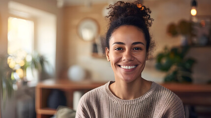 Young biracial woman smiling at home with copy space her cheerful expression welcomes guests into a warm inviting space : Generative AI - obrazy, fototapety, plakaty